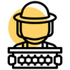 Graphic icon of a beekeeper in a suit holding a hive