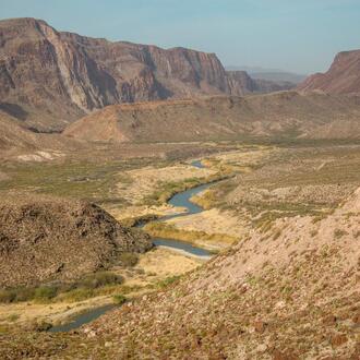 An overhead photograph of the Rio Grande River in the Chihuahuan Desert