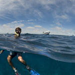 Two men snorkleing underwater