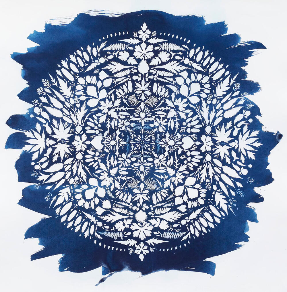 Leaves and petals arranged in blue mandala pattern