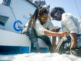 Two women leaning off boat to examine shark