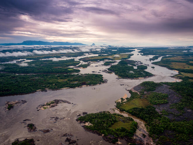 Aerial photo of Orinoco River and tepui of Colombia.