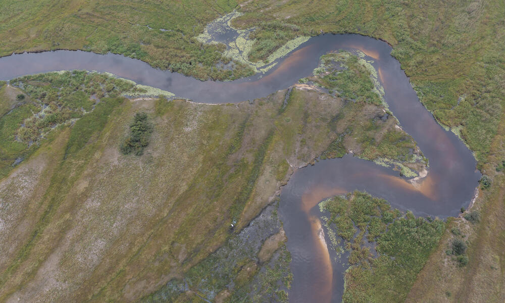 Aerial view of winding river