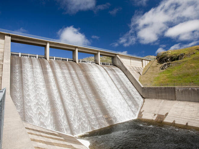 Gathega Dam supplying the water to power Guthega power station as part of the Snowy mountains hydro scheme, New South Wales, Australia.