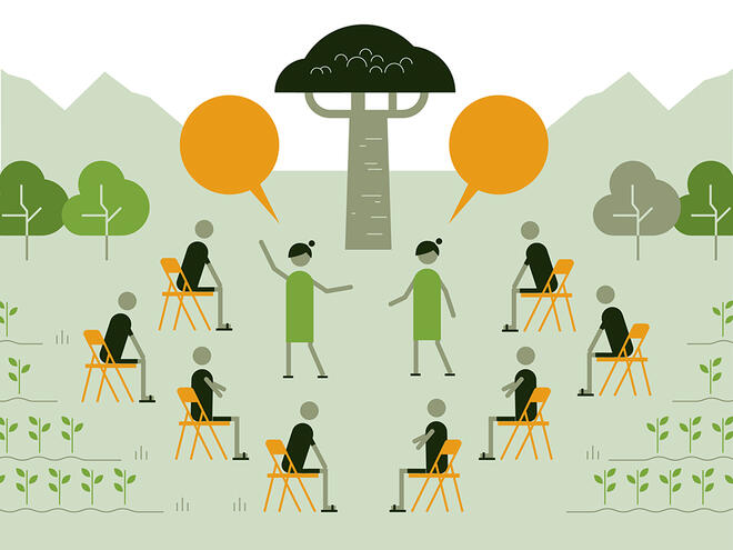 Graphic illustration of 8 figures sit and listen to two figures speaking to show the safeguard of 'learn from and empower communities'