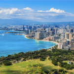 The beach and city skyline of Honolulu, Hawaii. 