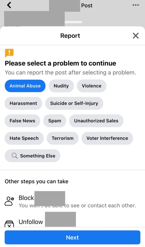 A picture of a pop up that allows users to report endangered animals on Facebook